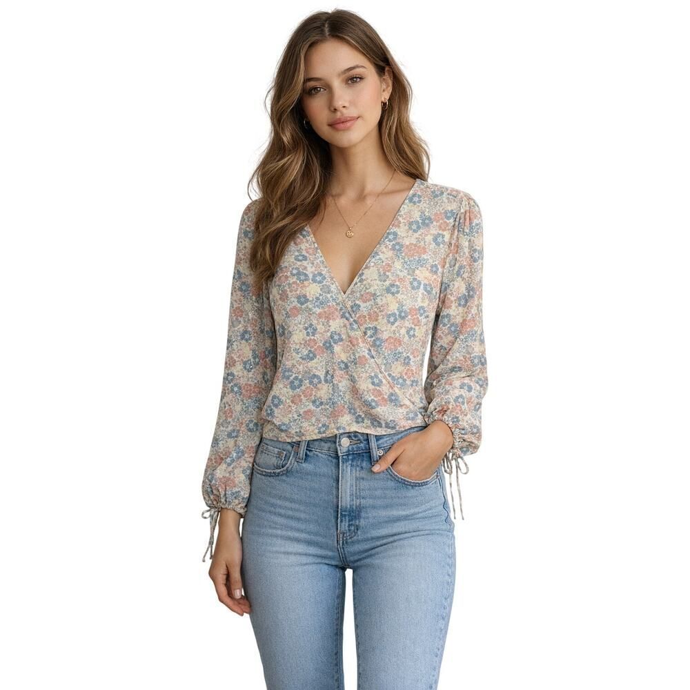 BOBI BLACK Women’s Faux Wrap Floral Top Pink/Blue Size Small